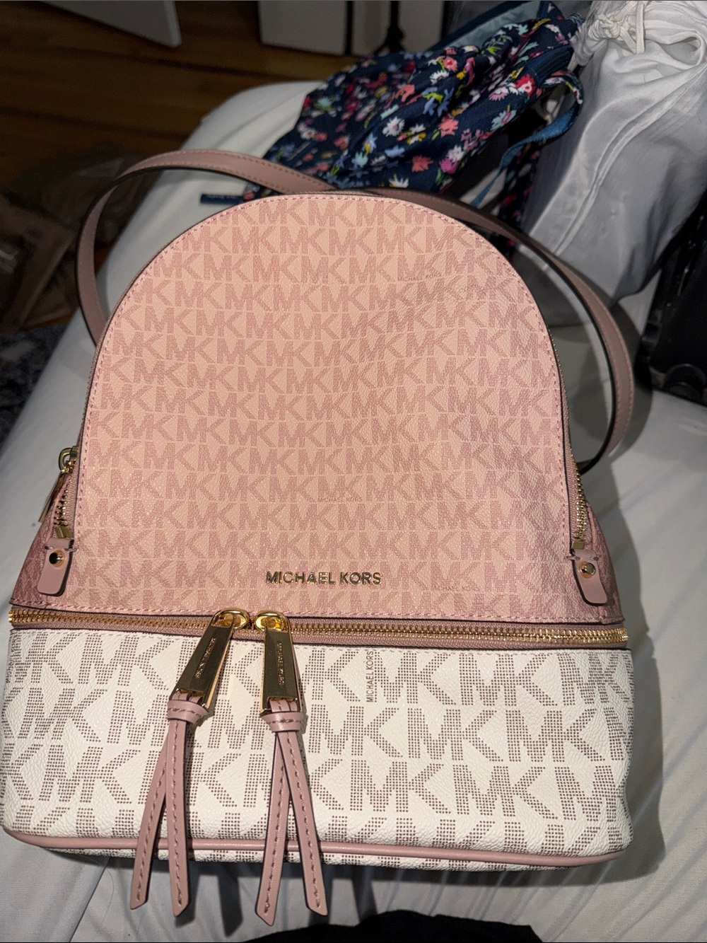 Michael Kors Pink and Cream Signature Dome Backpack